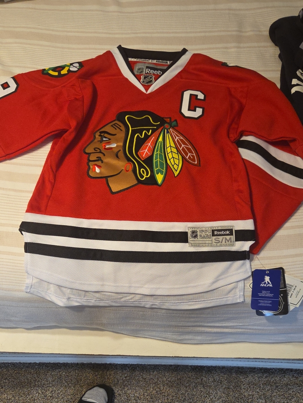 Reebok Red Black White Chicago-style Kids Hockey Jersey with Captain 'C'